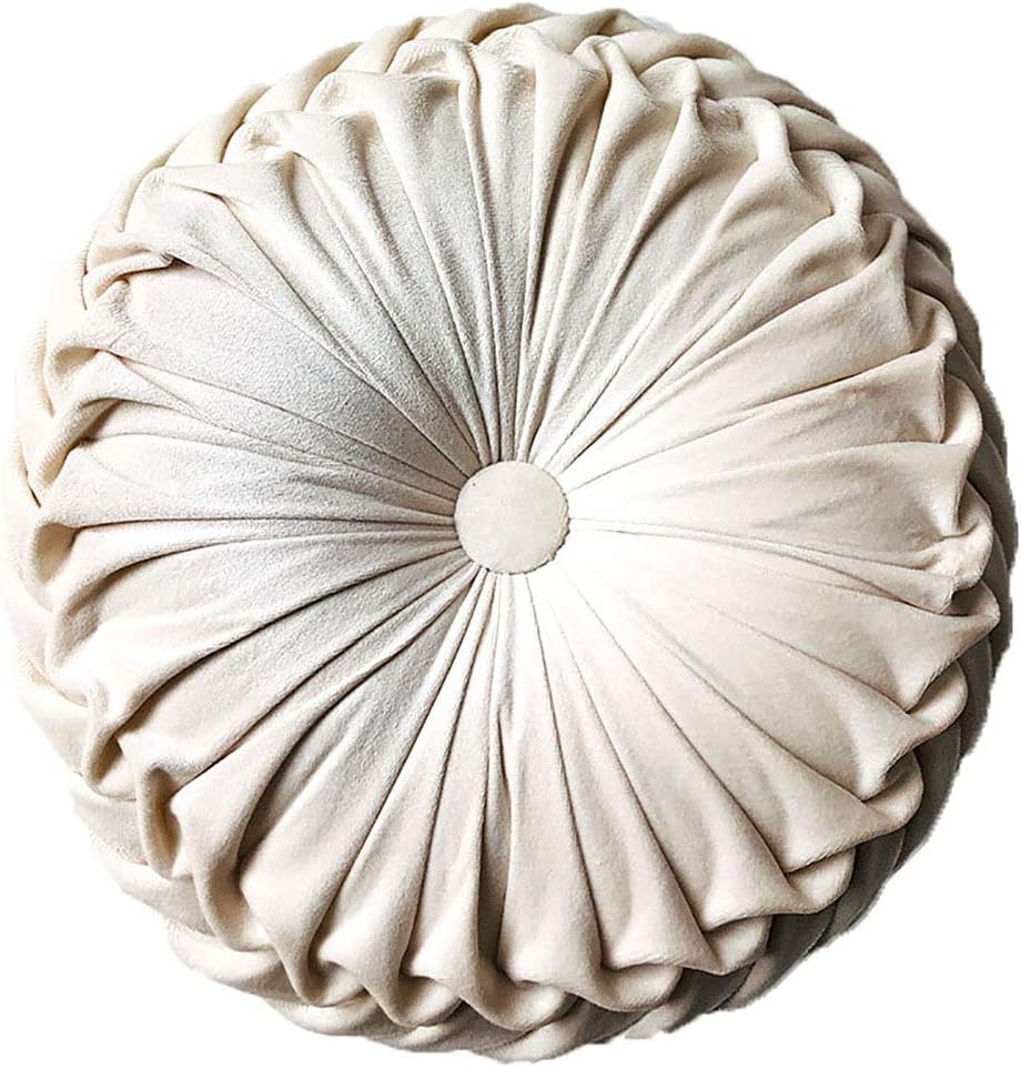 Round Throw Pillow Velvet Home Decoration Pleated Round Pillow Cushion for Couch Chair Bed Car Beige